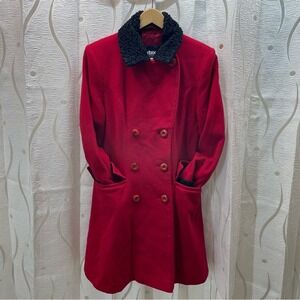 Utex‎ Design Wool Cashmere Blend Red Vintage Pea Coat Faux Fur Collar Womens M/L